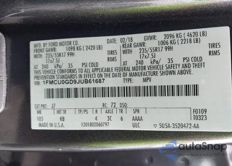 2018 Ford Escape Se from USA, damaged, VIN 1FMCU0GD9JUB61687